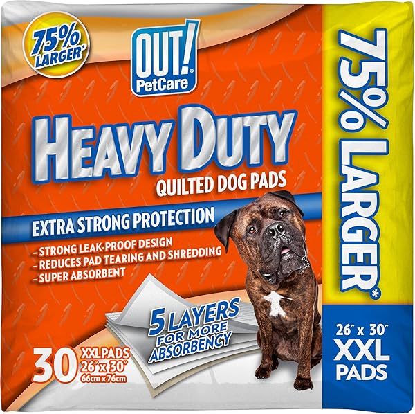 OUT! PETCARE XXL DOG TRAINING PADS, HEAVY DUTY DOG PEE PADS XXL, JUMBO PUPPY PADS, WEE WEE PADS FOR DOGS AND PUPPIES, DOG HOUSE TRAINING, LEAK PROOF, SAFE, DISPOSABLE, 26″X30″, 30 CT