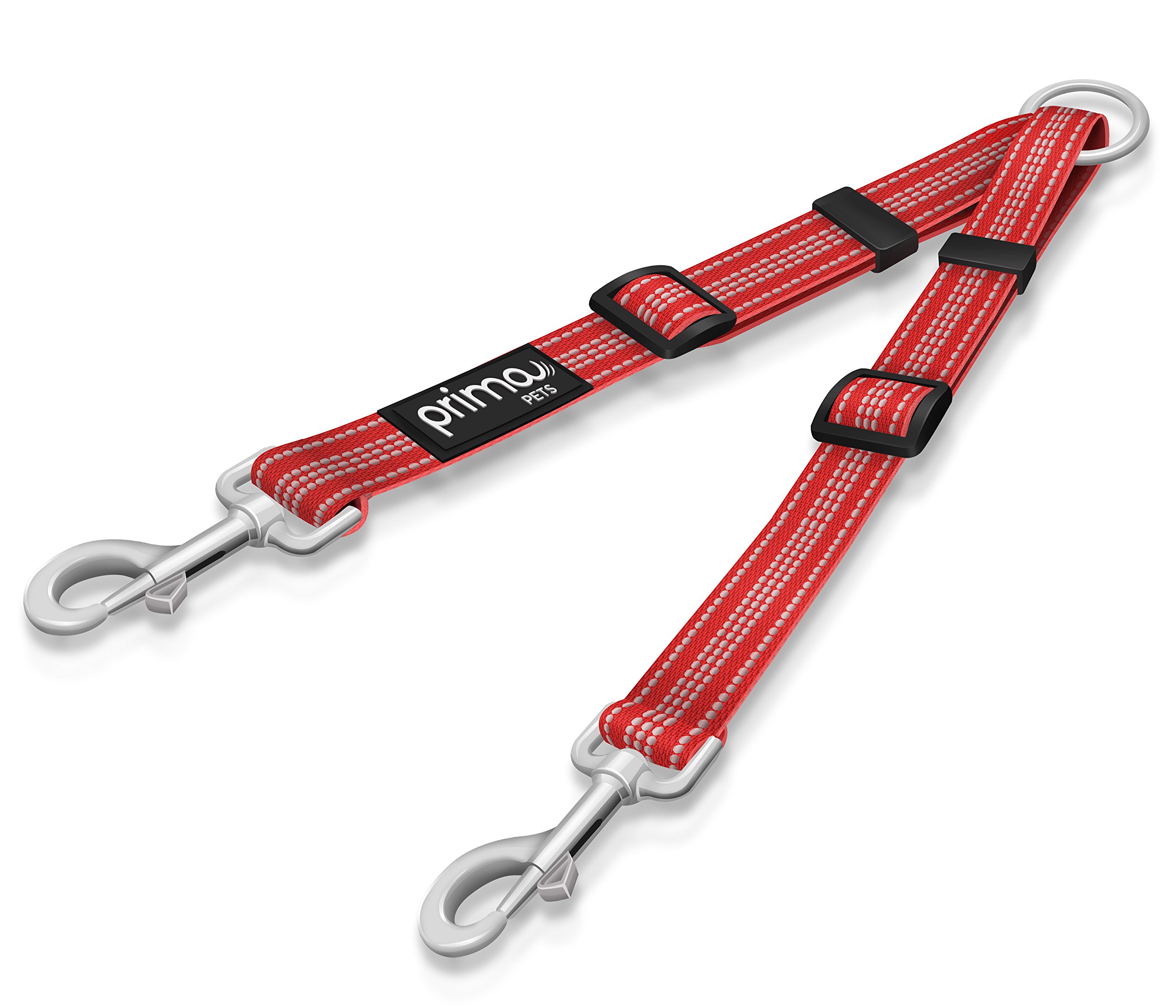 Prima Pet Reflective Adjustable Double Dog Coupler - Each Side Adjusts 28 cm to 51 cm in Length - Strong Nylon Lead Splitter - Walk 2 Dogs with Ease (LARGE - 2.5 cm Width, RED)