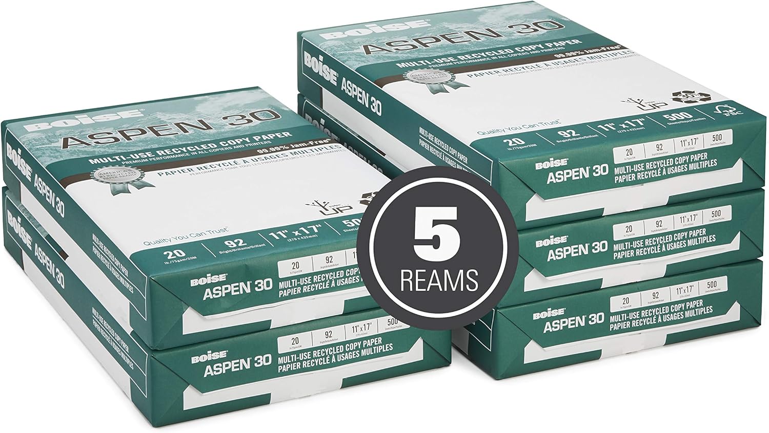 BOISE ASPEN 30% Recycled Multi-Use Copy Paper, 11" x 17", Ledger, 92 Bright, 20 lb, Ledger, 5 Ream Carton (2500 Sheets) : Multipurpose Paper : Office Products