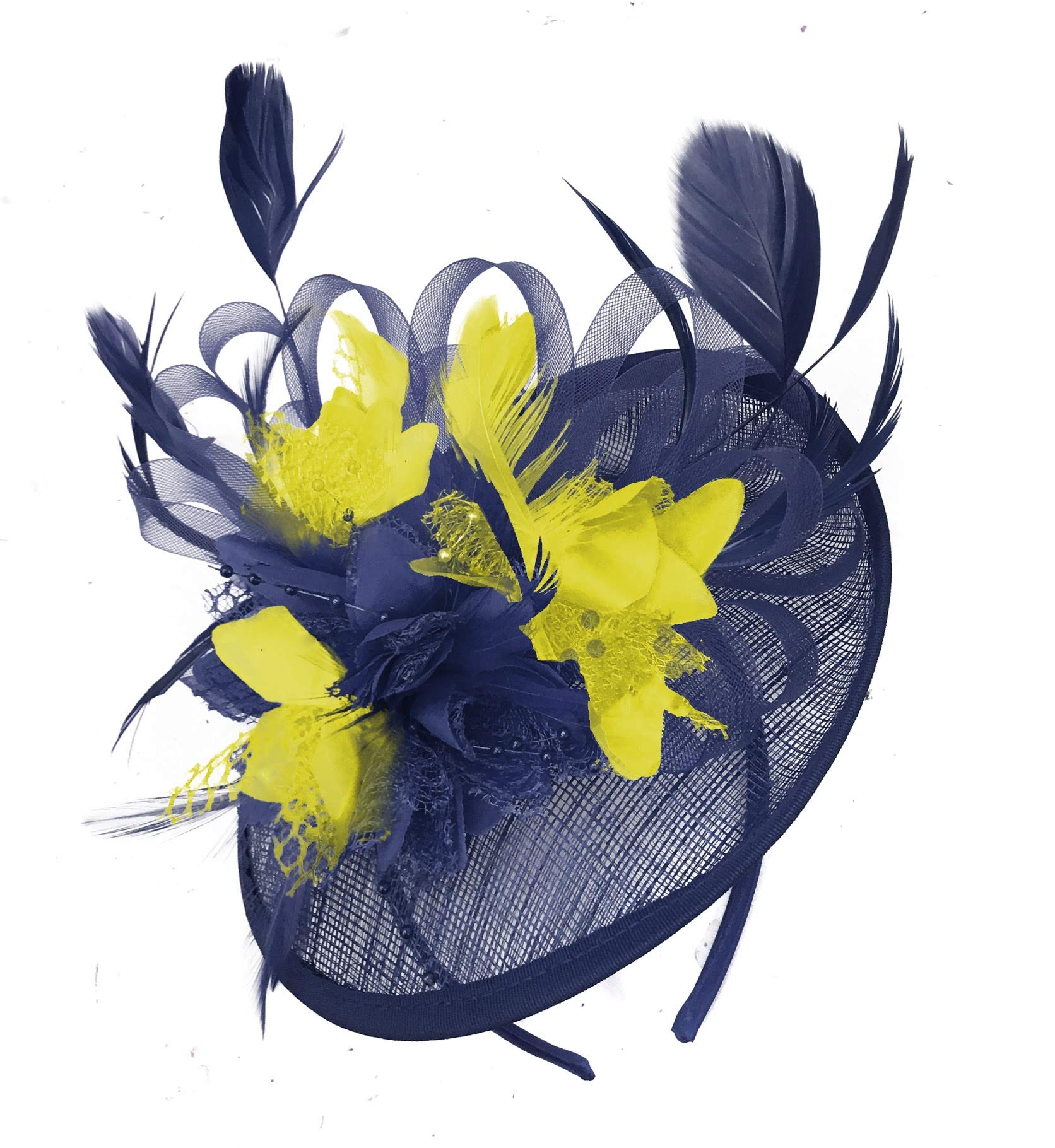 Caprilite Navy Blue and Yellow Sinamay Disc Saucer Fascinator Hat for Women Weddings Headband