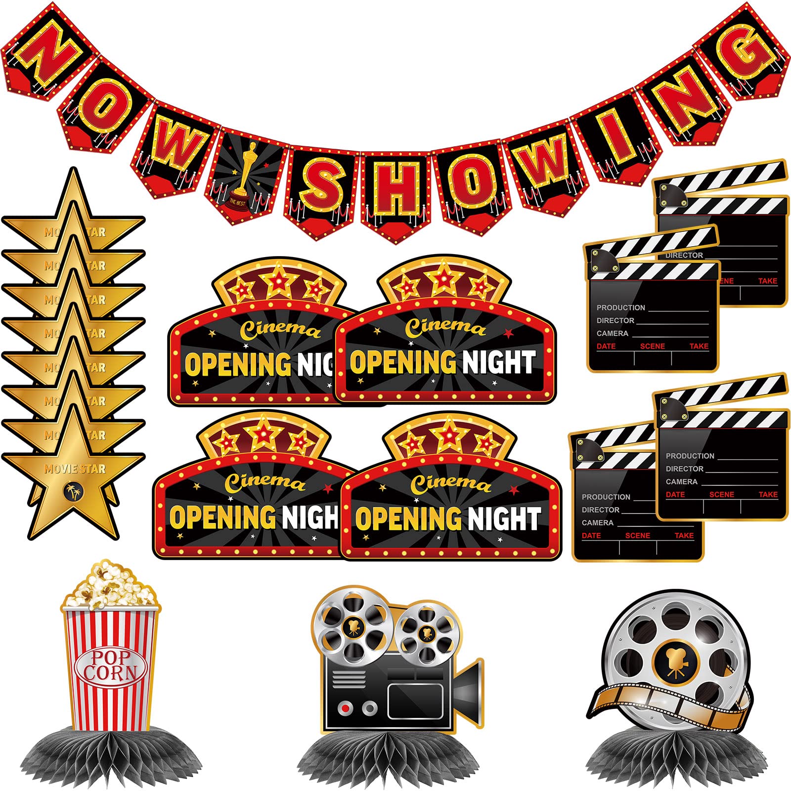Boao 36 Piece Movie Night Party Decorations Kit: Now Showing Banner, Honeycomb Table Centerpieces, Movie Night Cutouts