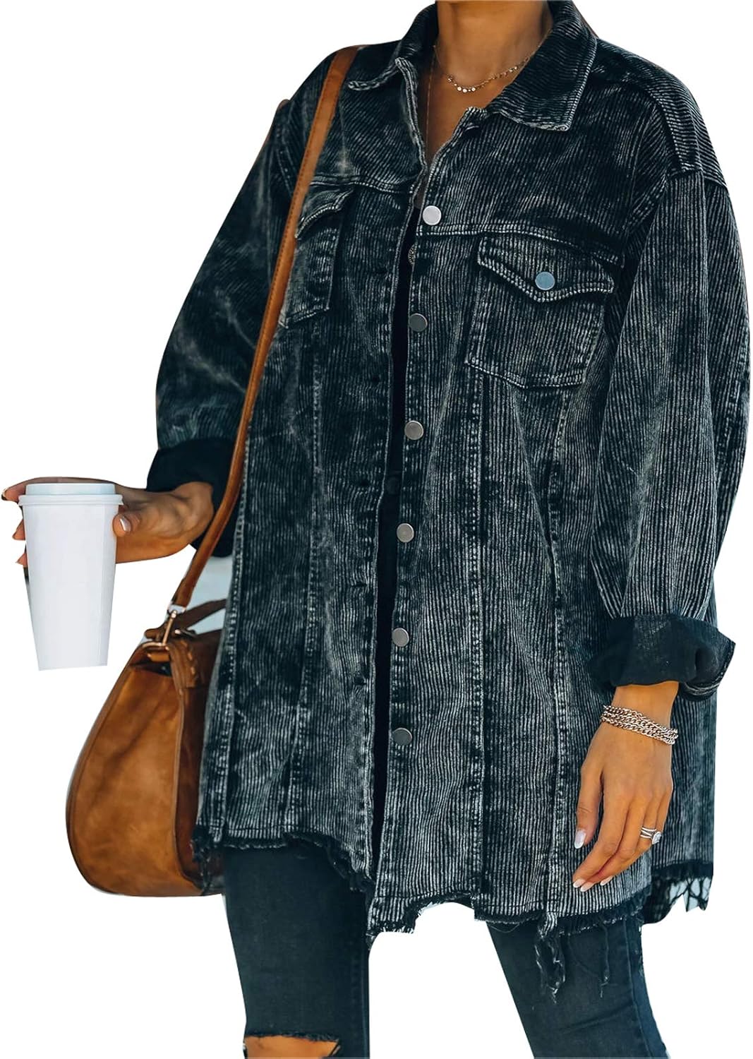 YILEEGOO Women's Oversized Corduroy Button Down Coat Long Sleeve Casual Boyfriend Jackets with 