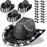 Zhanmai 18 Set LED Cowboy Hat Light Up Glitter Sequin Cowgirl Hat with Sunglasses for Adult Wedding Halloween Costume