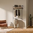 pamo Industrial Pipe Clothing Rack with Shelf - 300 lbs Capacity - Wall Mounted Clothes Rack and Walk In Closet with Oak Shelf for Wardrobe