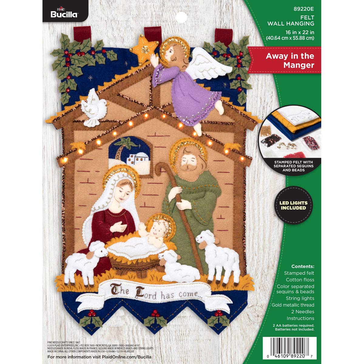 Plaid PE89220E Bucilla Away in The Manger Wall Hanging with Lights Seasonal Felt Home Décor Kit
