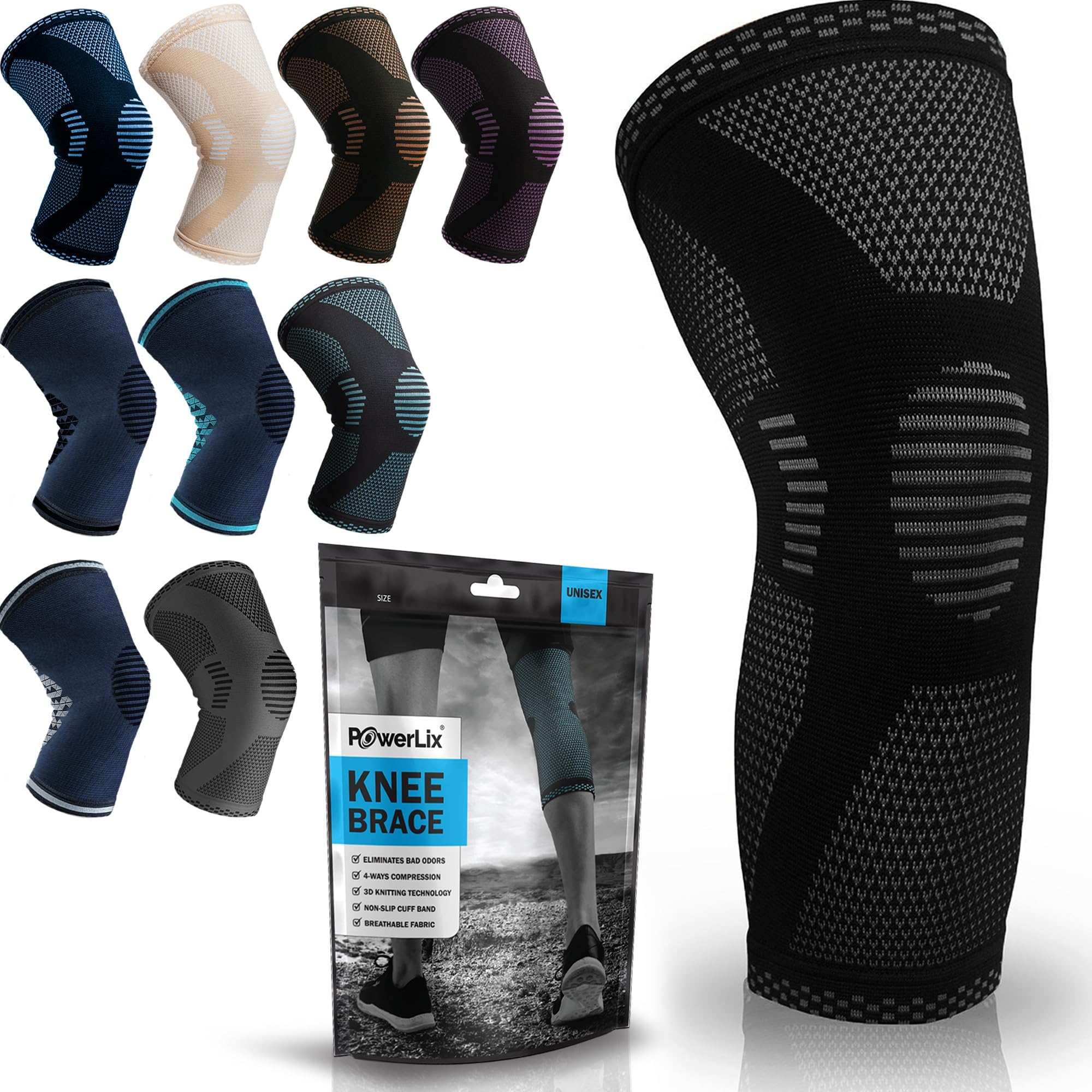 Photo 1 of POWERLIX Knee Compression Sleeve - Best Knee Brace for Men & Women – Knee Support for Running, Basketball, Weightlifting, Gym, Workout, Sports, (Black, Large)