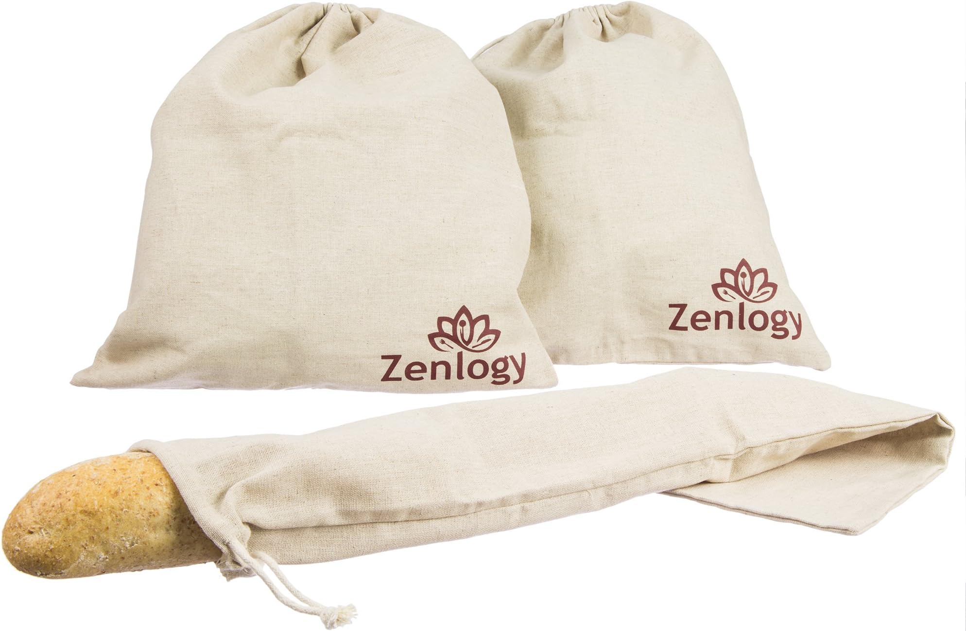 Linen Bread Bags for Artisan Homemade Baked Breads – 2 Bread bags and 1 Baguette bag - Eco friendly, Unbleached, Reusable 100% Cotton/Linen drawstring Bags. Perfect for Gifts and Everyday Use