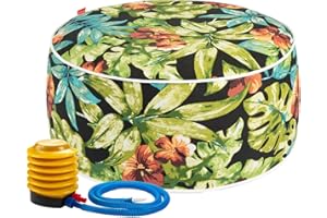 IN4 Care Outdoor/Indoor Inflatable Ottoman Pouf D20 xH9, All Weather Round Footstool with Foot Pump, Water Repellent Portable Footrest with Handle for Patio Garden Camping Travel-Tropical Green Leaves