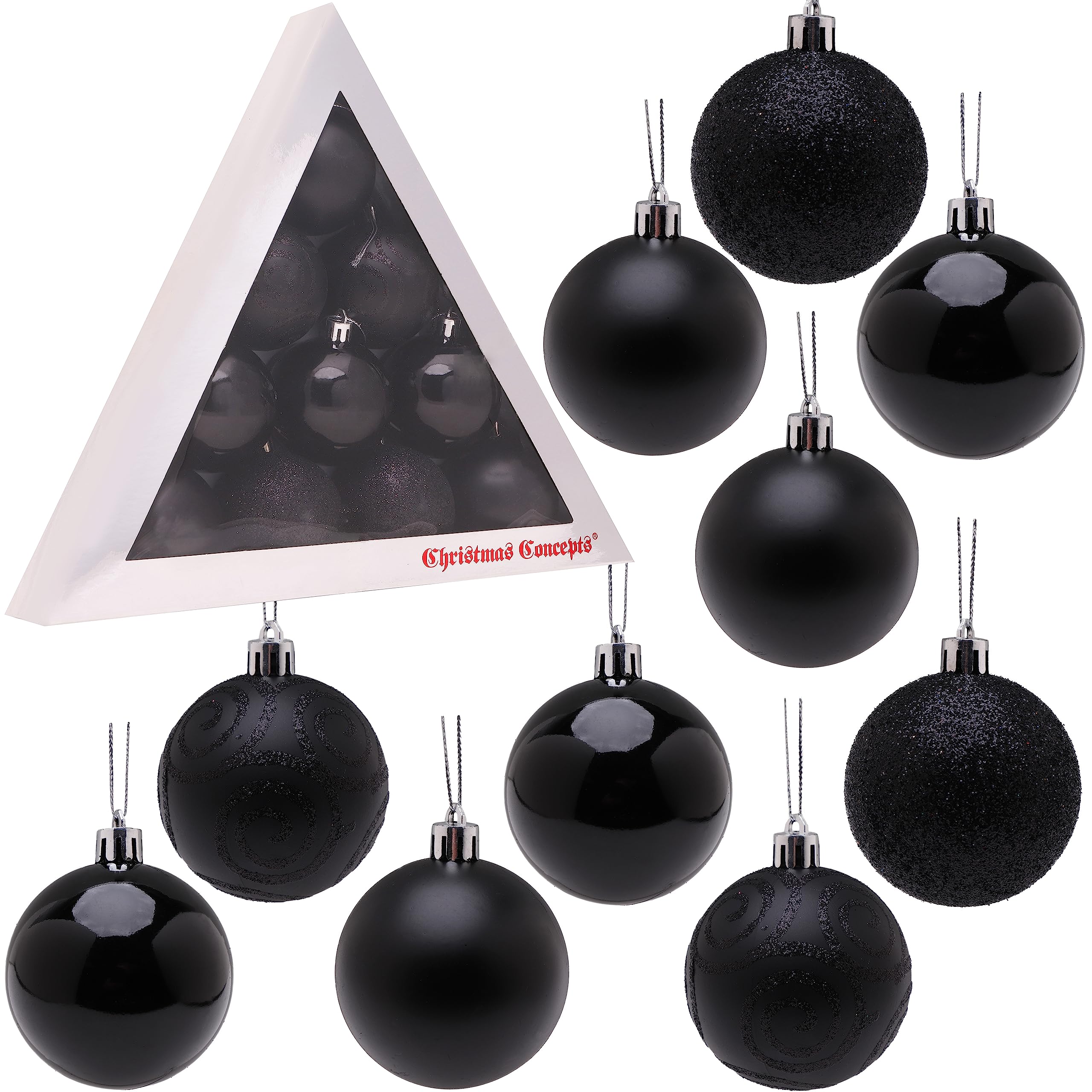 Christmas Concepts® Pack of 10-60mm (2.4") Christmas Tree Baubles - Shiny, Matte & Glitter Decorated Baubles (Black)