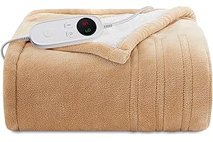 JinJeeo Heated Blanket 50"x60",Electric Throw Blanket Beige Flannel Sherpa Blanket Fast Heating Blanket,6 Heat Settings 9 Hour Auto Shut Off,Home Office Use Machine Washable