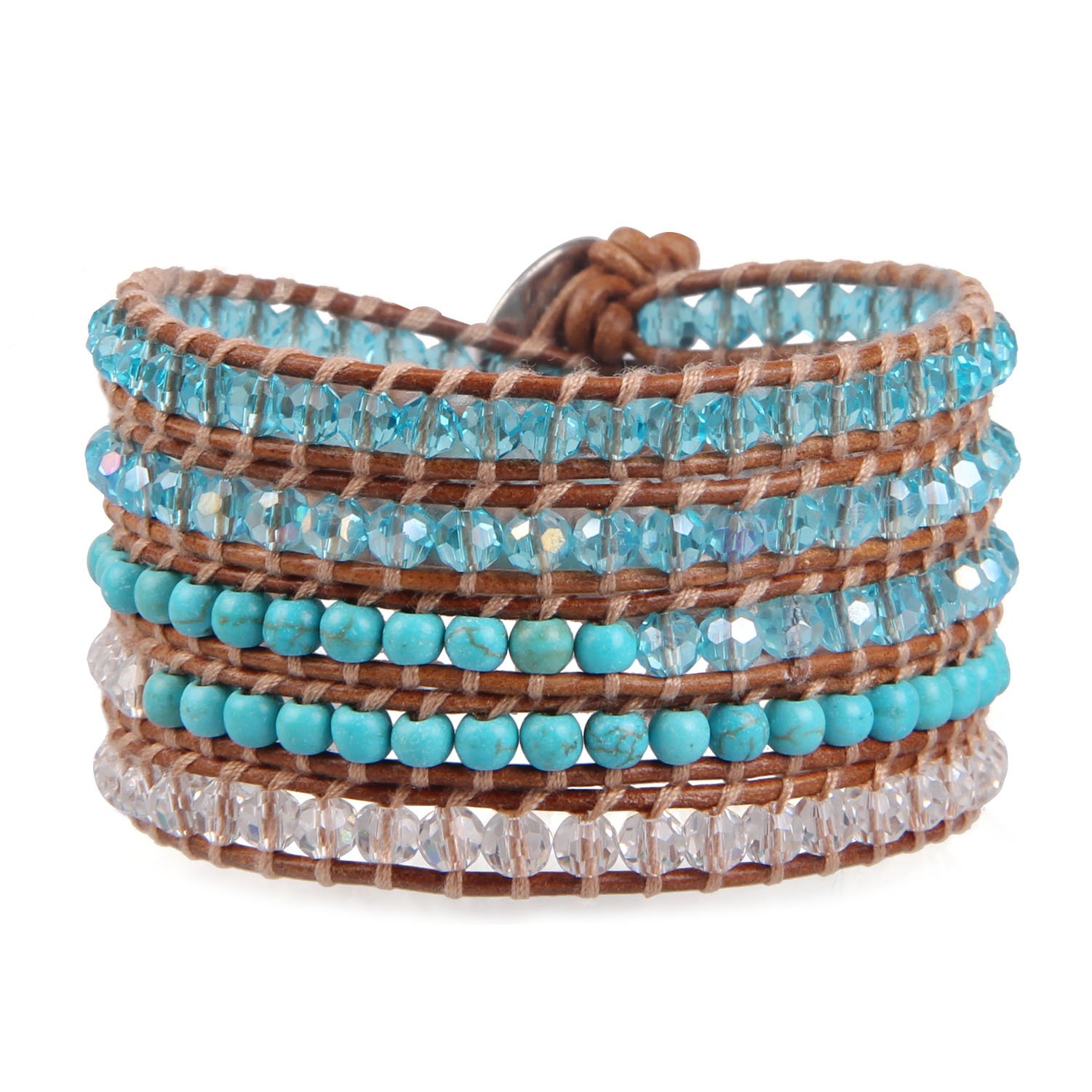 KELITCH Turquoise Blue Crystal Beaded Bracelets 5 Wrap Bracelets Handmade Natural Leather Bangles Charm Jewelry (Blue Crystal)