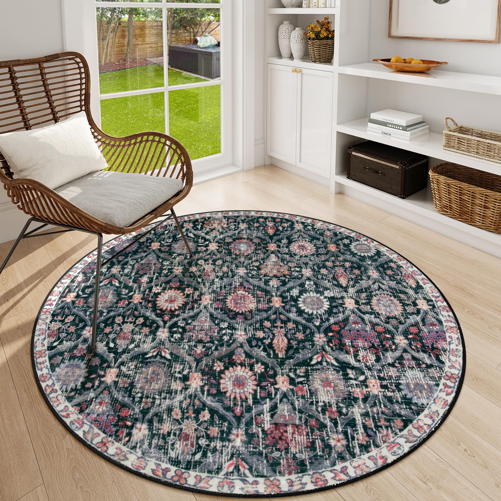 Photo 1 of Lahome Moroccan Trellis Washable Round Rugs, Non-Slip Soft Round Rug 4ft Ultra-Thin, Small Vintage Circle Carpet for Entryway Kitchen Bedroom Nursery Bathroom, Black/Multi
