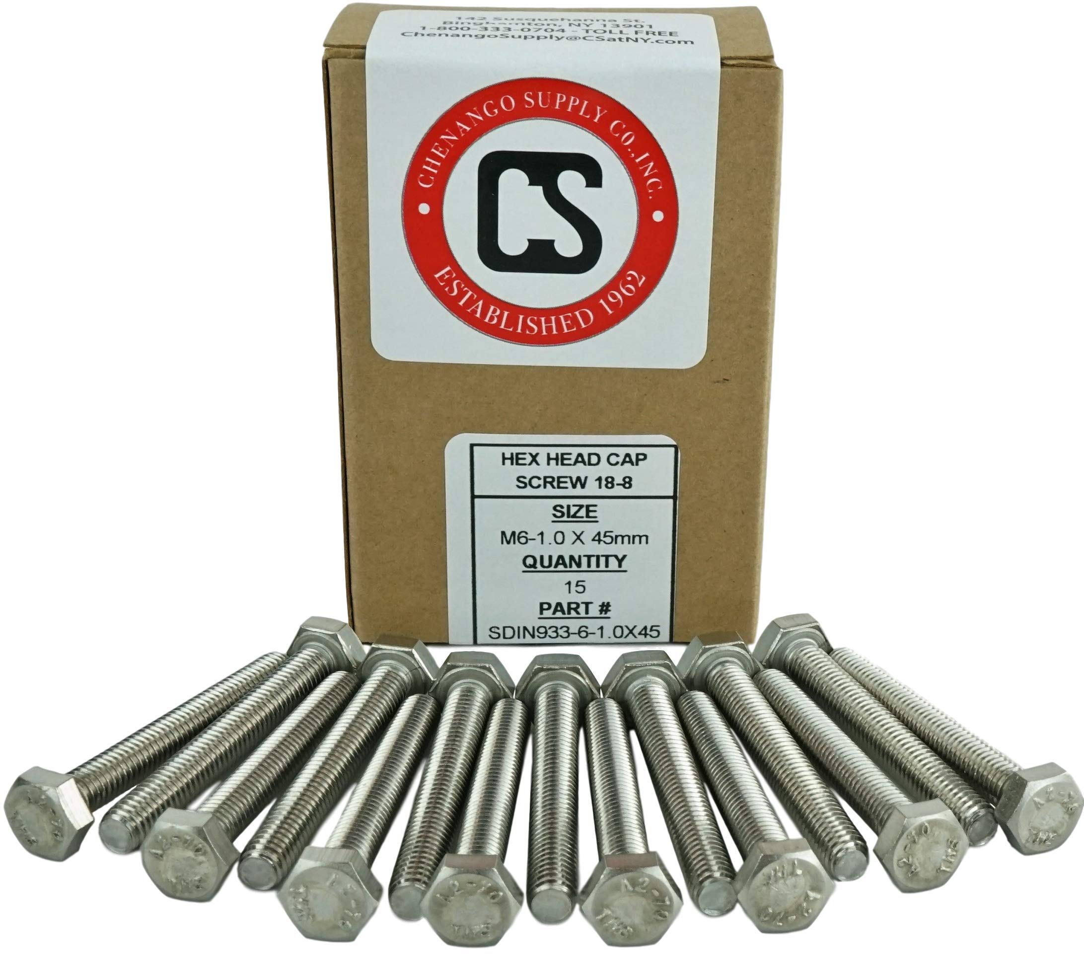 Stainless M6-1.0 x 45mm Fully Threaded Hex Head Bolts (12mm to 60mm Length in Listing), DIN 933, 18-8 Stainless Steel, 15 Pieces (M6-1.0 x 45mm)