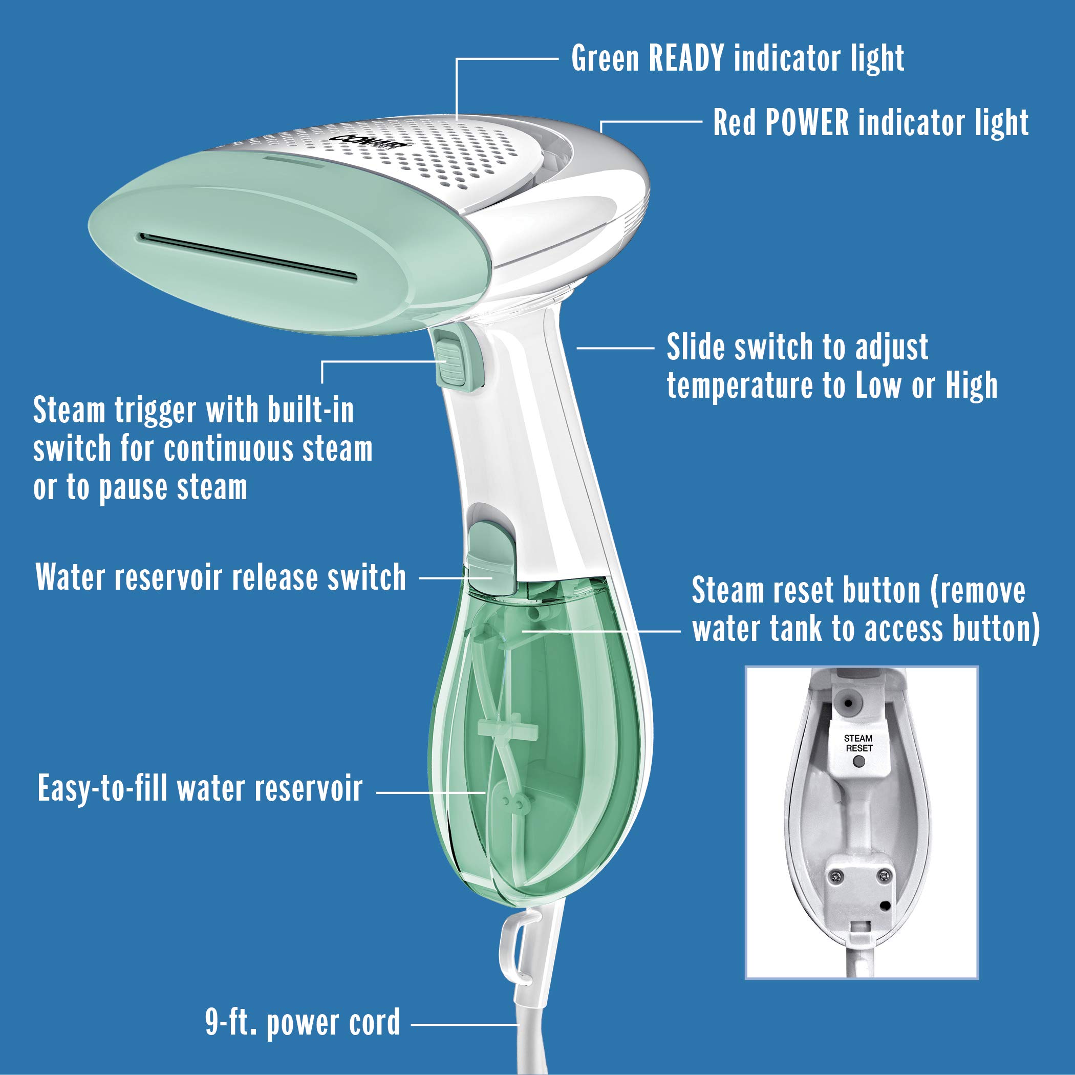 Conair Handheld Garment Steamer for Clothes, ExtremeSteam 1200W, Portable Handheld Design,White/Light Green
