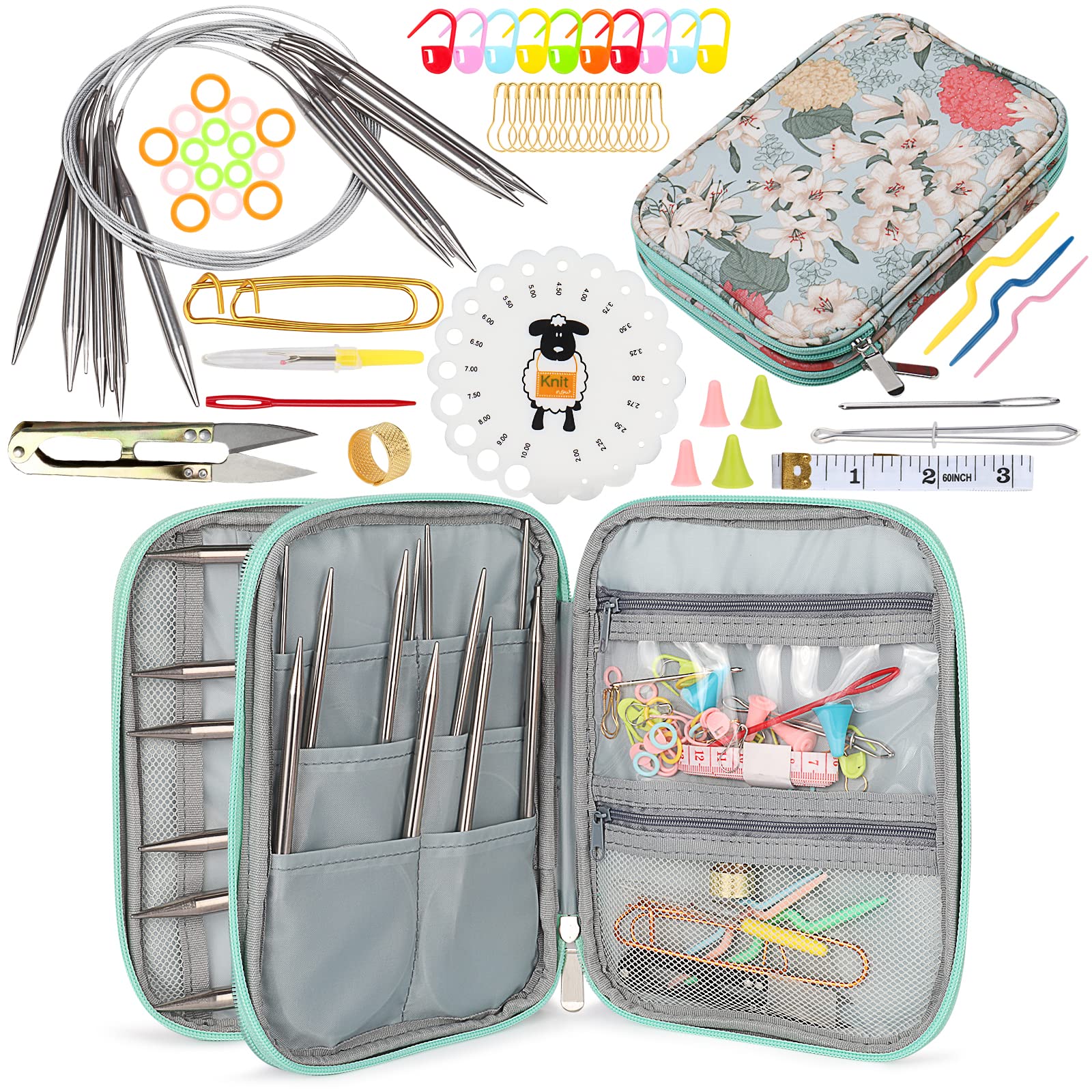 Coopay Metal Circular Knitting Needles Set - Round and Double Pointed, Knitting Gift for Adult Beginners & Experts - Includes Cable Needles and Case