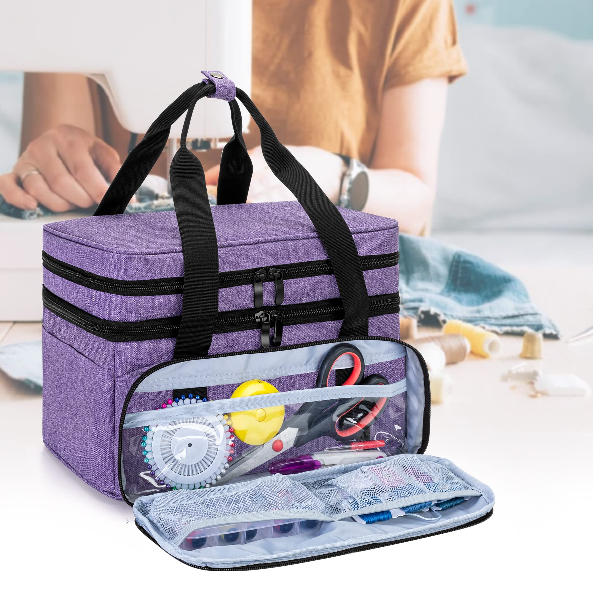 BAFASO Double Layer Sewing Accessories Organizer with 2 Detachable Pouches, Large Sewing Storage Bag for Sewing Tools (Bag ONLY), Purple