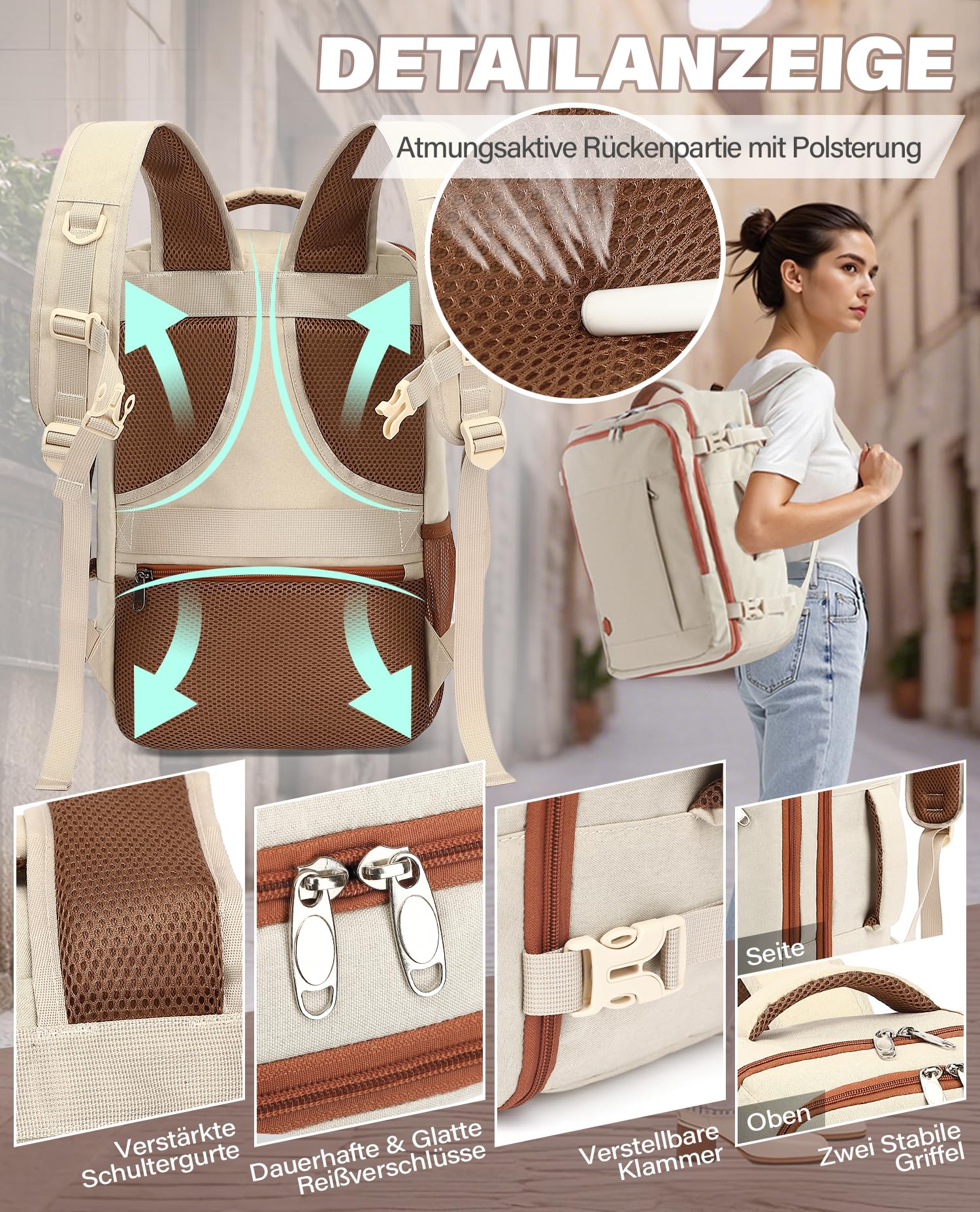 VANKEV für Easyjet Handgepäck 45x36x20 Laptop Rucksack Reiserucksack Handgepäck Tasche Rucksack 15.6 Zoll Laptop Backpack für Herren Damen Beige 5