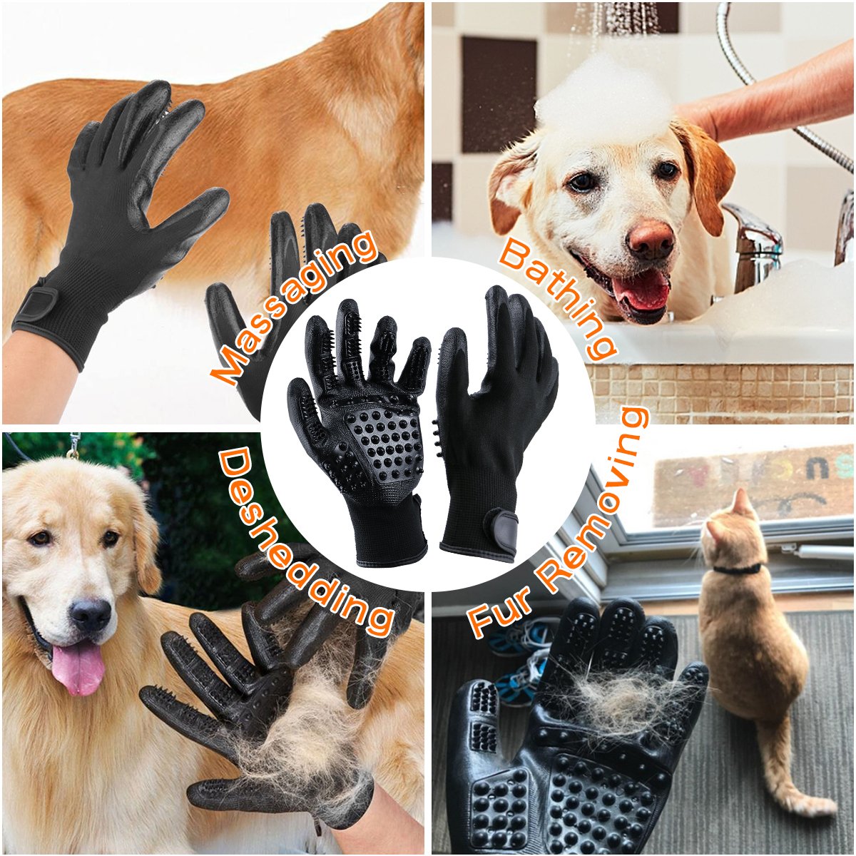 Guantes Masaje para Mascotas con Peine de acero, Mejorado Diseño de 5 Dedos Limpieza de Mascotas , Pet Grooming Gloves Funciona con Cabello Largo y Corto para Mascotas con Pelo Largo y Corto,perros, gatos, conejo,caballos