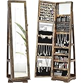 CHARMAID 360° Swivel Jewelry Armoire with Higher Full Length Mirror, Standing Lockable Jewelry Cabinet Organizer, Large Storage Capacity, Inside Makeup Mirror, Back Storage Shelves (Rustic Brown)