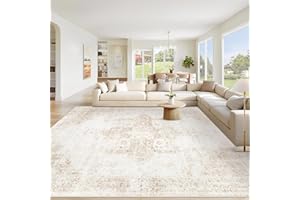 VECARF Area Rug 8x10 Washable Rug, Vintage Boho Medallion Rugs Non-Slip Soft Low Pile Large Distressed Rug Indoor Retro Carpet for Living Room Bedroom Dining Room Home Office (Beige, 8'x10')