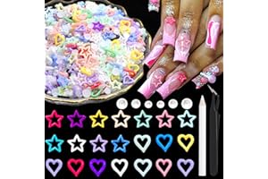 RODAKY 600Pcs Heart Star Charms and Flatback Pearls - Mix Color 3D Cute Kawaii Nail Supplies for Acrylic Design - White Half Pearls for Jewelry DIY Crafts Art Decoration Accessories