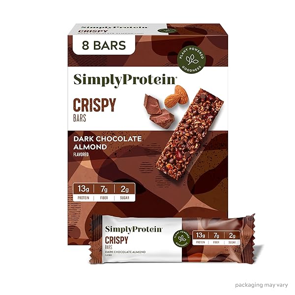 SIMPLY PROTEIN – DARK CHOCOLATE ALMOND CRISPY BARS – PLANT BASED PROTEIN BARS – LOW CARB, LOW SUGAR, HIGH FIBER – 13G PROTEIN, 2G SUGAR, 7G FIBER – VEGAN, GLUTEN FREE, NON GMO, KOSHER – 8 BARS