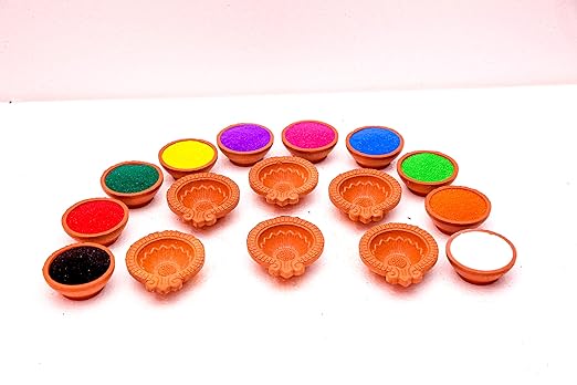 Bhagya Laxmi Handmade Clay Diya for Diwali Navratri | Clay Diya for Puja Decoration | Rangoli Colour Powder for Rangoli Occasion Navratri Pongal Decoration (06 Diyas + 10 Colors)