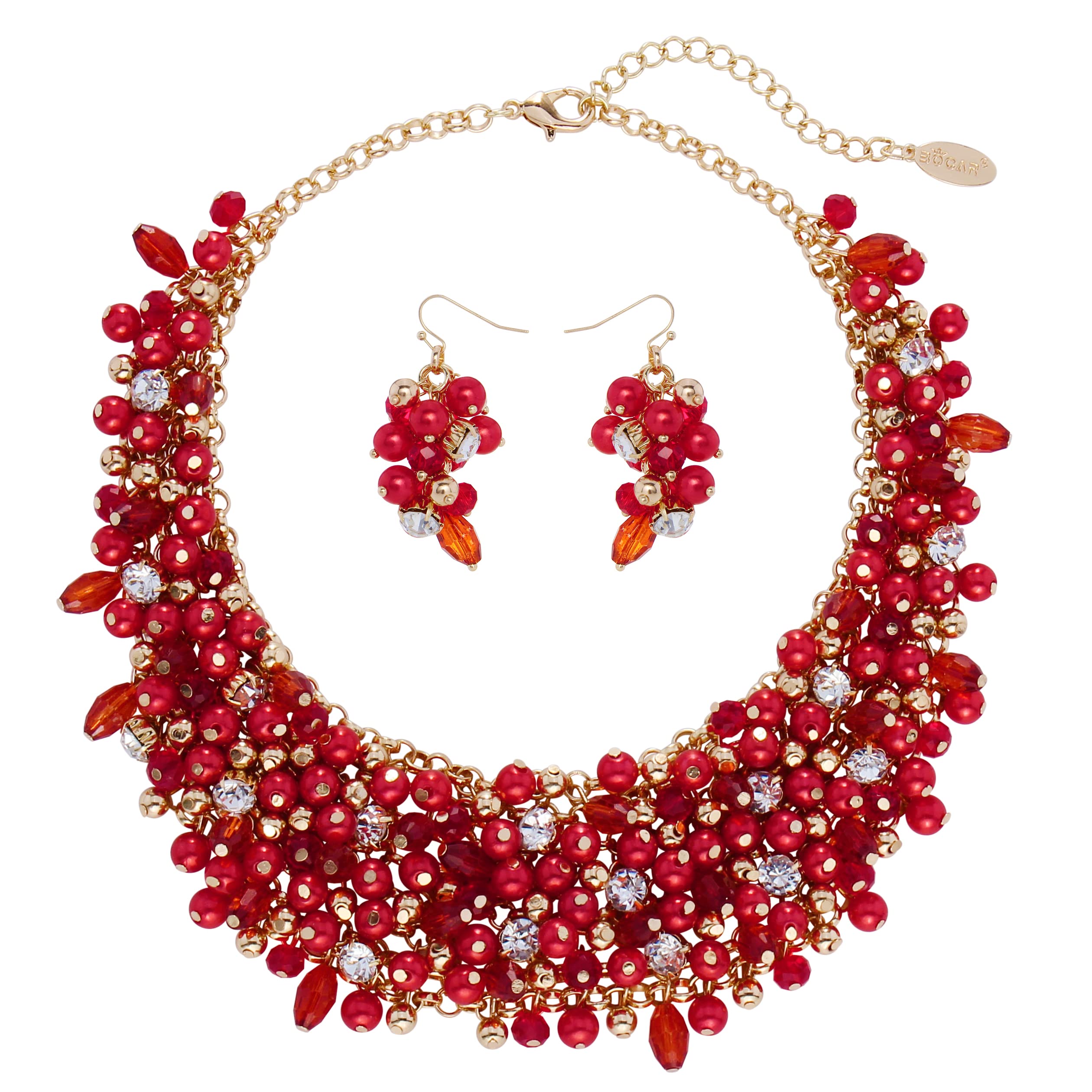 Bocar Fashion Crystal Chunky Collar Statement Necklace Earring Set for Women Gift (NK-10260-Red)