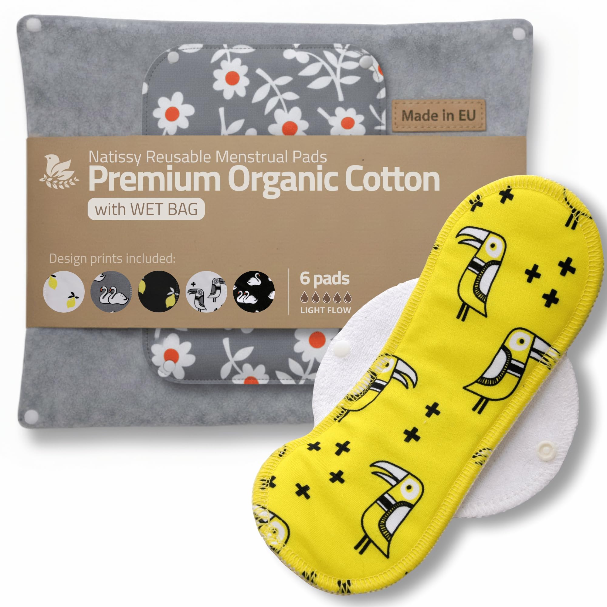 Made in EU – Reusable Sanitary Pads for Light Flow (6 Pack, S+M) – High-Temp Washable, Durable Cloth Period Pads for Women & Teens – Breathable Organic Cotton & Secure-Fit for Menstrual Comfort