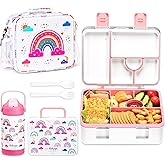 rockpapa 5 Compartment Bento Lunch Box for Kids with Uensils & Insulated Water Bottle & Lunch Bag with Strap, BPA-Free Lunch box Containers Set for School Boys Girls Ages 3+ (White Rainbow)