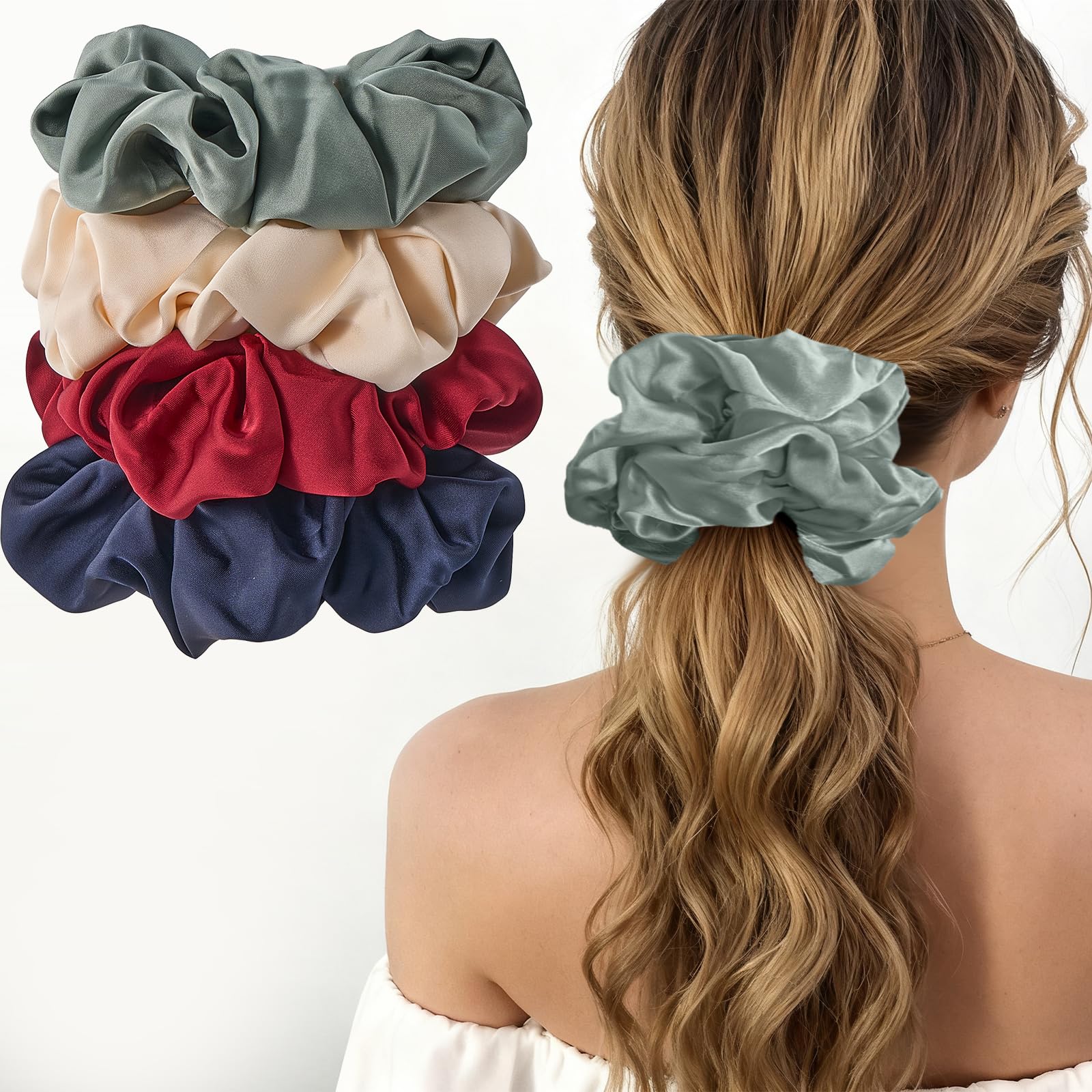 Lolalet Big Scrunchies for Women, 5.9 Inch Large Satin Scrunchies, Jumbo Oversized Elastic Hair Ties, Extra Large Scrunchy Giant Bands for Thick Curly Hair - 4 Pack, Style C