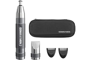 Conair Men Ear, Nose and Eyebrow Trimmer, Patented 360° Bevel Blade for No Pulls, Nicks or Cuts Guaranteed, Nose Hair Trimmer for Men, Non-Slip Grip, 5-Piece Kit with Travel Case