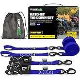Rhino USA Ratchet Straps Heavy Duty Kit (2-Pack) - 1.6 Inch x 8 Feet Min Break Strength (5,000) - Ultimate Tie Down Straps with Safety S Hooks for Trucks, ATV, UTV, Motorcycle, Cargo & More - Green