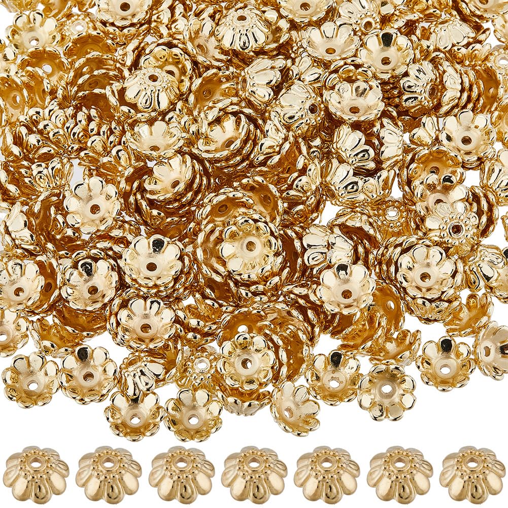SUNNYCLUE 1 Box 500Pcs 10mm Flower Beads Bulk Gold Flower Bead capss Plastic Multi Petal Flowers End caps Floral Loose Spacer Bead for jewellery Making Beads Assortments DIY Bracelets Earrings Crafts