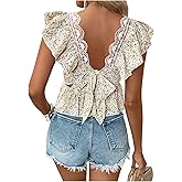 Women 2026 Fashion Spring Outfits Floral Boho Blouses Bow Tie Back Ruffle Sleeve Cute Vacation Lace Peplum Tops