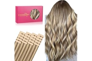 WENNALIFE Tape in Hair Extensions for Women, 20pcs 50g 16 inch Ash Brown with Platinum Blonde Highlights Straight Human Hair 