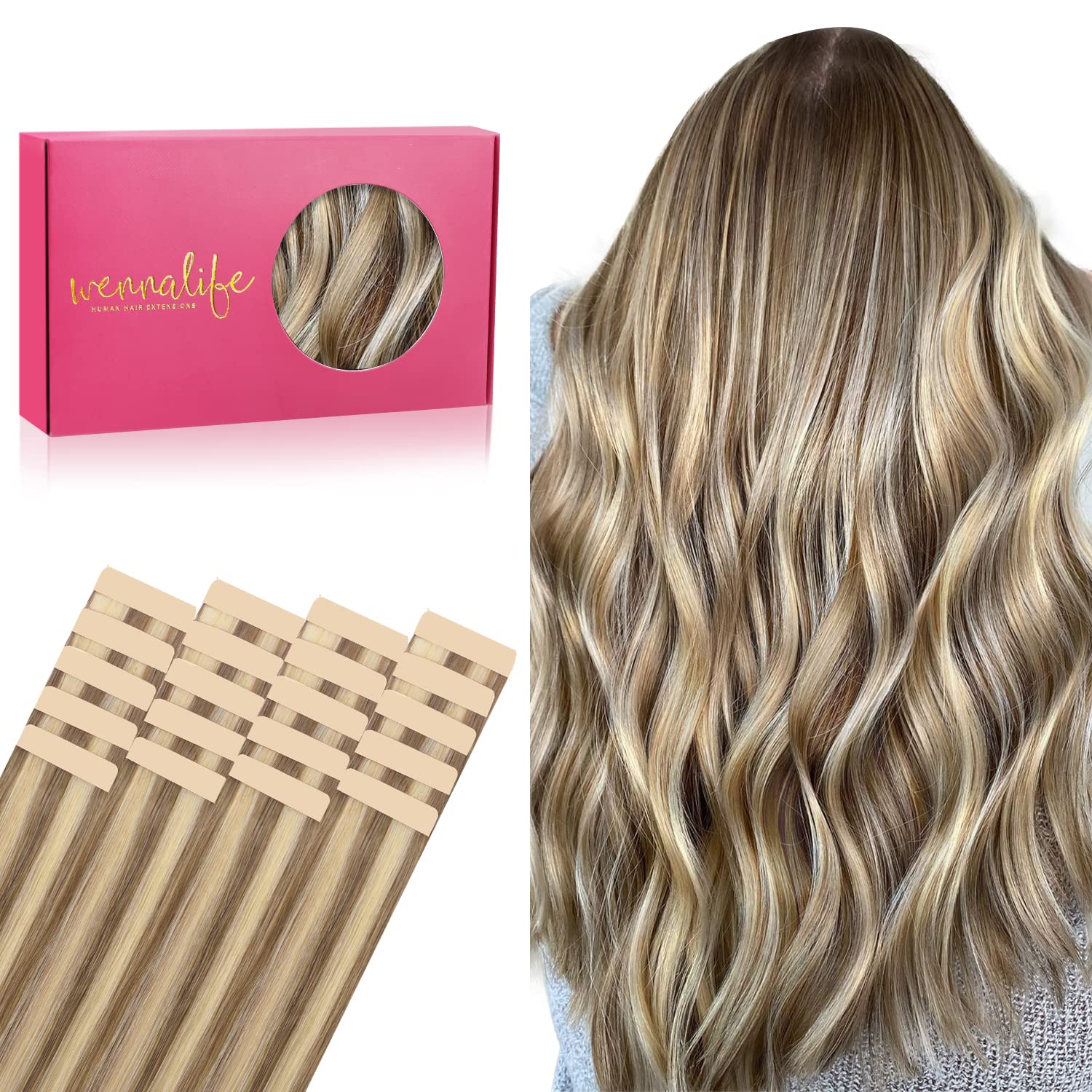 WENNALIFE Tape in Hair Extensions 20pcs 50g 18 inch Ash Brown Highlighted Golden Blonde Remy Hair Extensions Skin Weft Tape — image 1