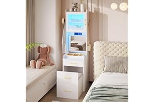 Vlsrka 70" Vanity Desk with Mirror and Lights, Makeup Vanity Table with Lighted Mirror, Vanity Set with Power Outlet, 3 Color Lighting Modes, Adjustable Brightness, Cushioned Stool, for Women, White