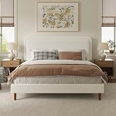 Mxhtcewz King Size Boucle Upholstered Bed Frame with Adjustable Headboard, Cloud Platform Bed, Solid Wooden Legs, No Box Spring Needed, Easy Assembly, White