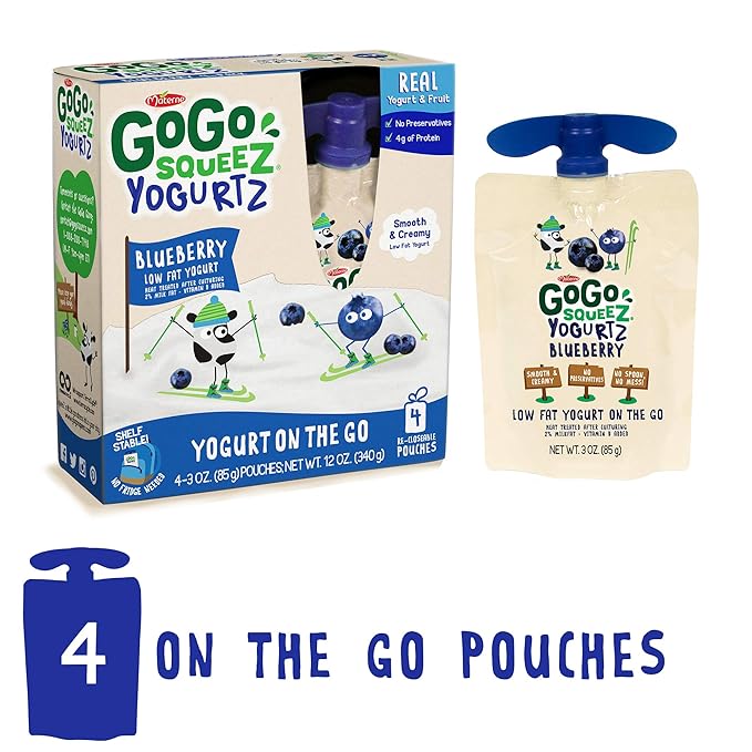 GoGo squeeZ YogurtZ, Blueberry, 3 Ounce (4 Pouches), Low Fat Yogurt, Gluten Free, Healthy Snacks, Recloseable, BPA Free Pouches