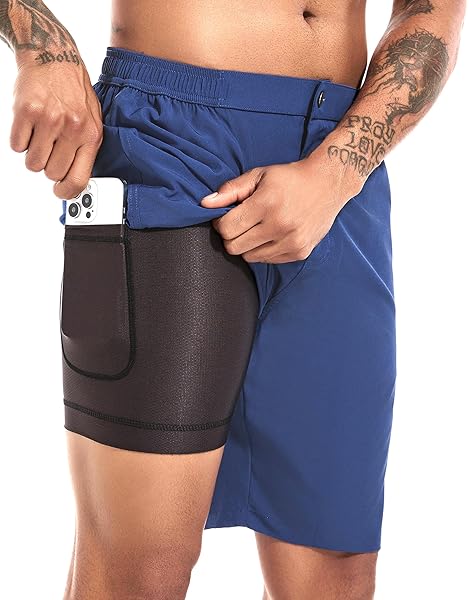 DIFFICORT MENS SWIM TRUNKS WITH COMPRESSION LINER 9″ ZIPPER FLY BATHING SUITS QUICK DRY SWIMMING SHORTS WITH ZIPPER POCKETS,DARK BLUE,34