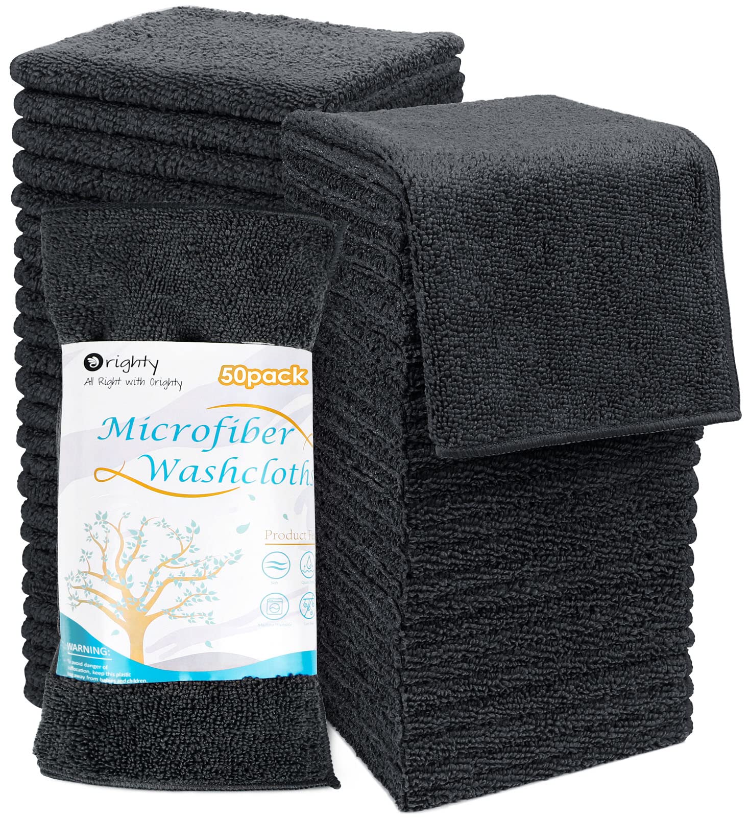 Orighty Microfibre Washcloths Towels Set 50 Pack, Highly Absorbent and Super Soft Fingertip Towels, Multi-Purpose Wash Cloths for Bathroom, Hotel, Spa, and Gym, 12x12 Inch, Black