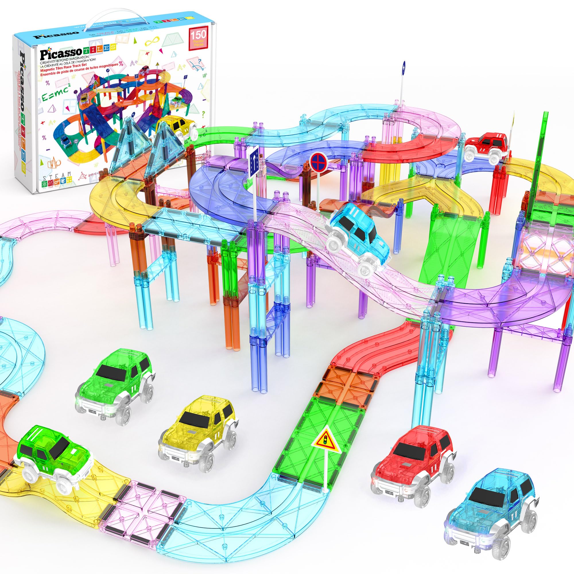 PicassoTiles 150 Piece Race Car Track Building Block Educational Toy Set Magnet Tile Magnetic Blocks Playset 4 Cars Early STEM Learning Construction Kit Hand-Eye Fine Motor Skill Brain Training PTR150