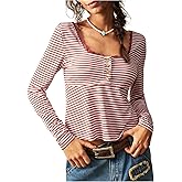 SOLY HUX Women's Striped Long Sleeve Henley T Shirts Lace Square Neck Button Front Peplum Tops Casual Tee