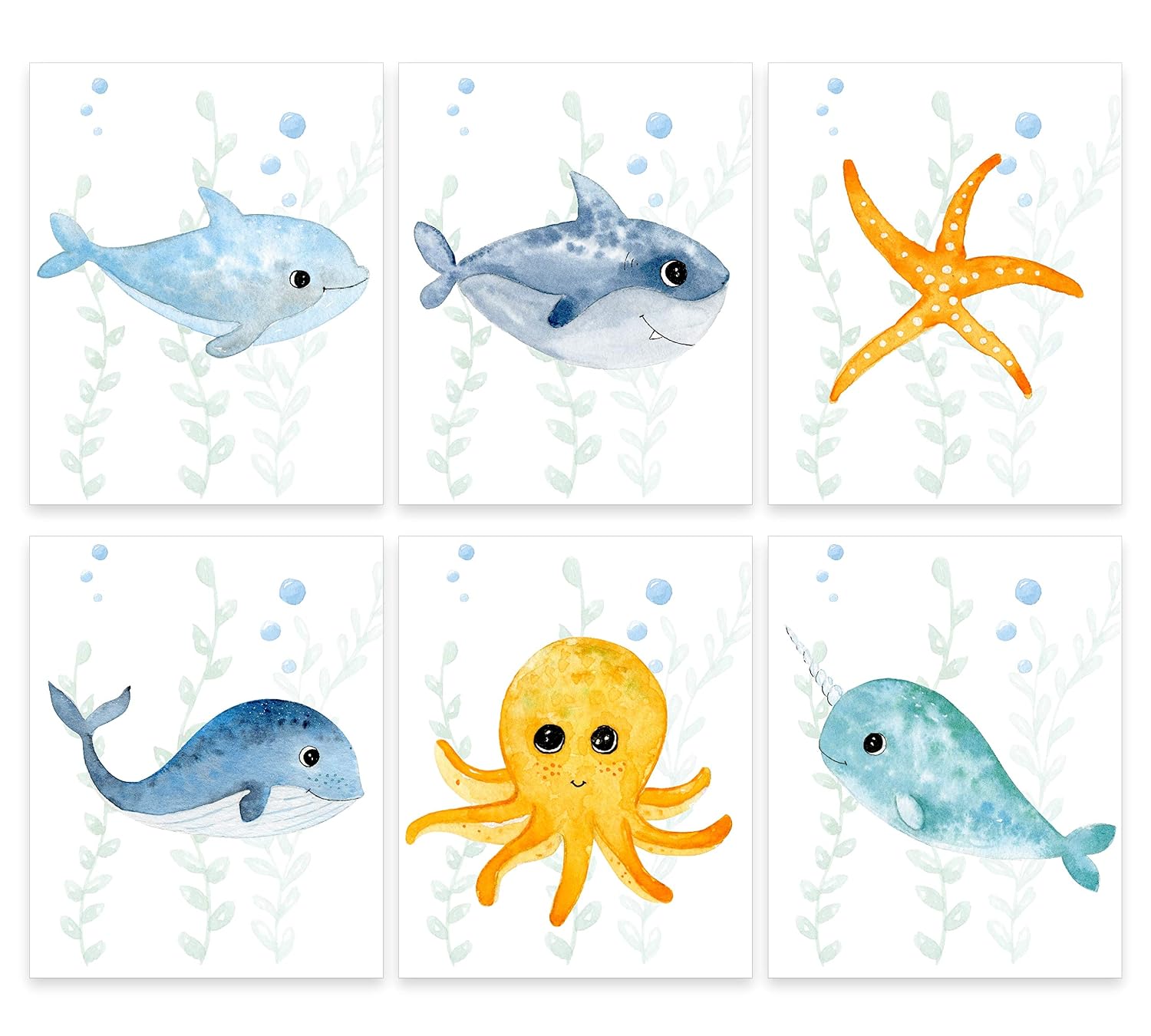 Amazon Com Under The Sea Nursery Decor Underwater Wall Art Set Of 6 Unframed Wall Print 8 X 10 Shark Whale Dolphin Octopus Narwhal Starfish Handmade