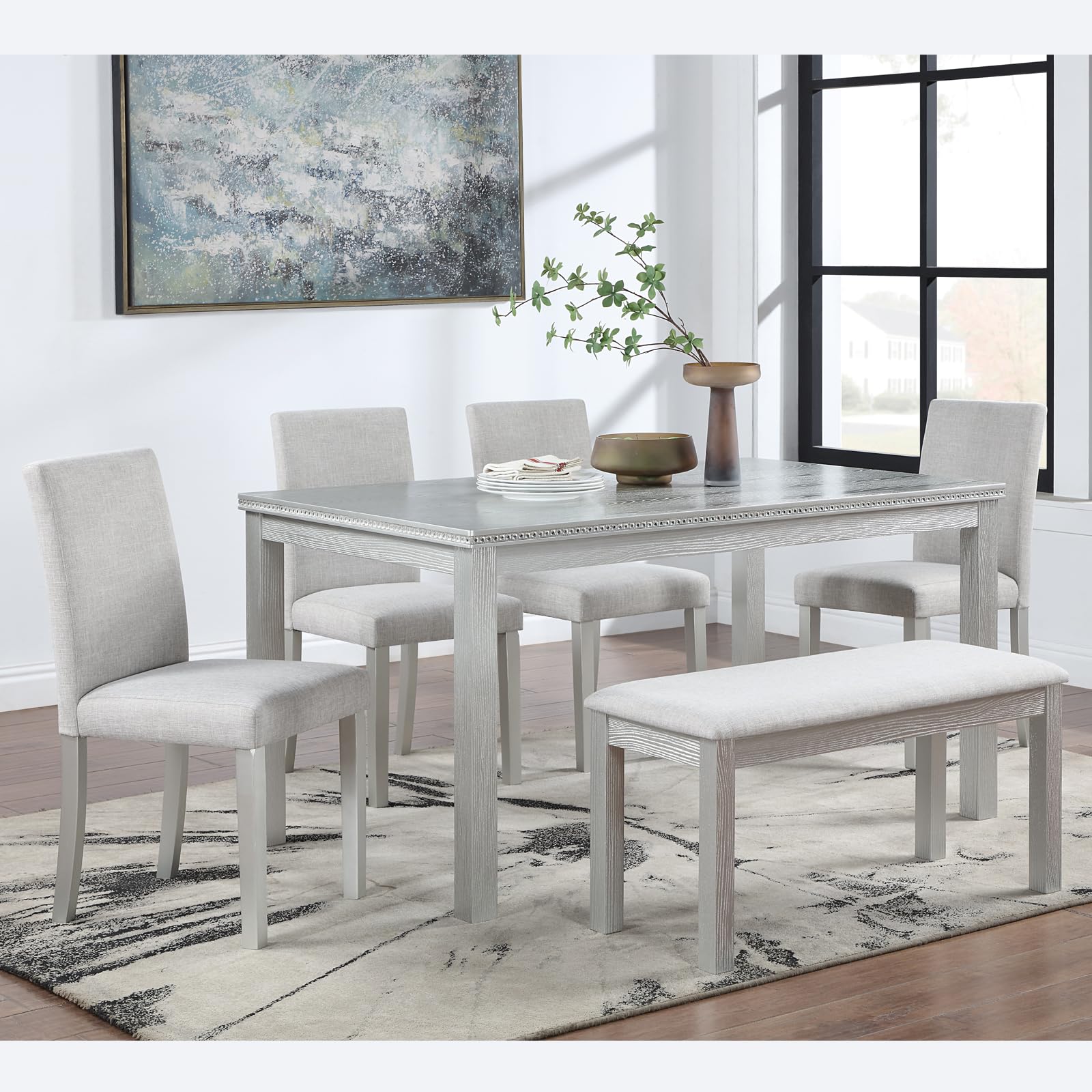 Photo 1 of **************THIS ONLY INCLUDES THE TABLE*******************
KEIKI 6-Piece Standard Height Dining Table Set with Rectangular Table, 4 Upholstered Chair, Bench, for 6 Person, Crystal Decoration Table Set, Easy Assembly, for Kitchen, Dining Room, Silver Gr