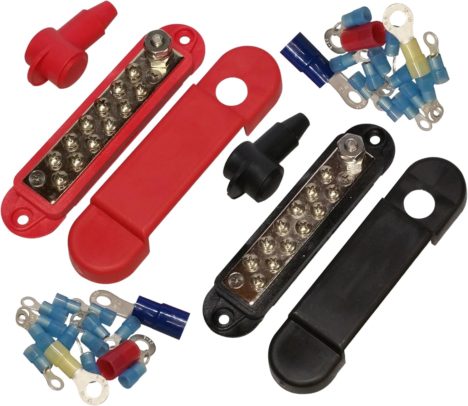 (Pair - Red & Black) 12 Terminal Distribution Block -BUSBARS- With Ring Terminals: Automotive