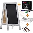 A Frame Chalkboard with Chalk Markers by HBCY Creations: 40x20 Solid Wood A-Frame Sign Whitewash Double-Sided Magentic Menu Board, Deluxe Set Includes 8 Chalk Markers, 10 Stencils, 2 Magnets