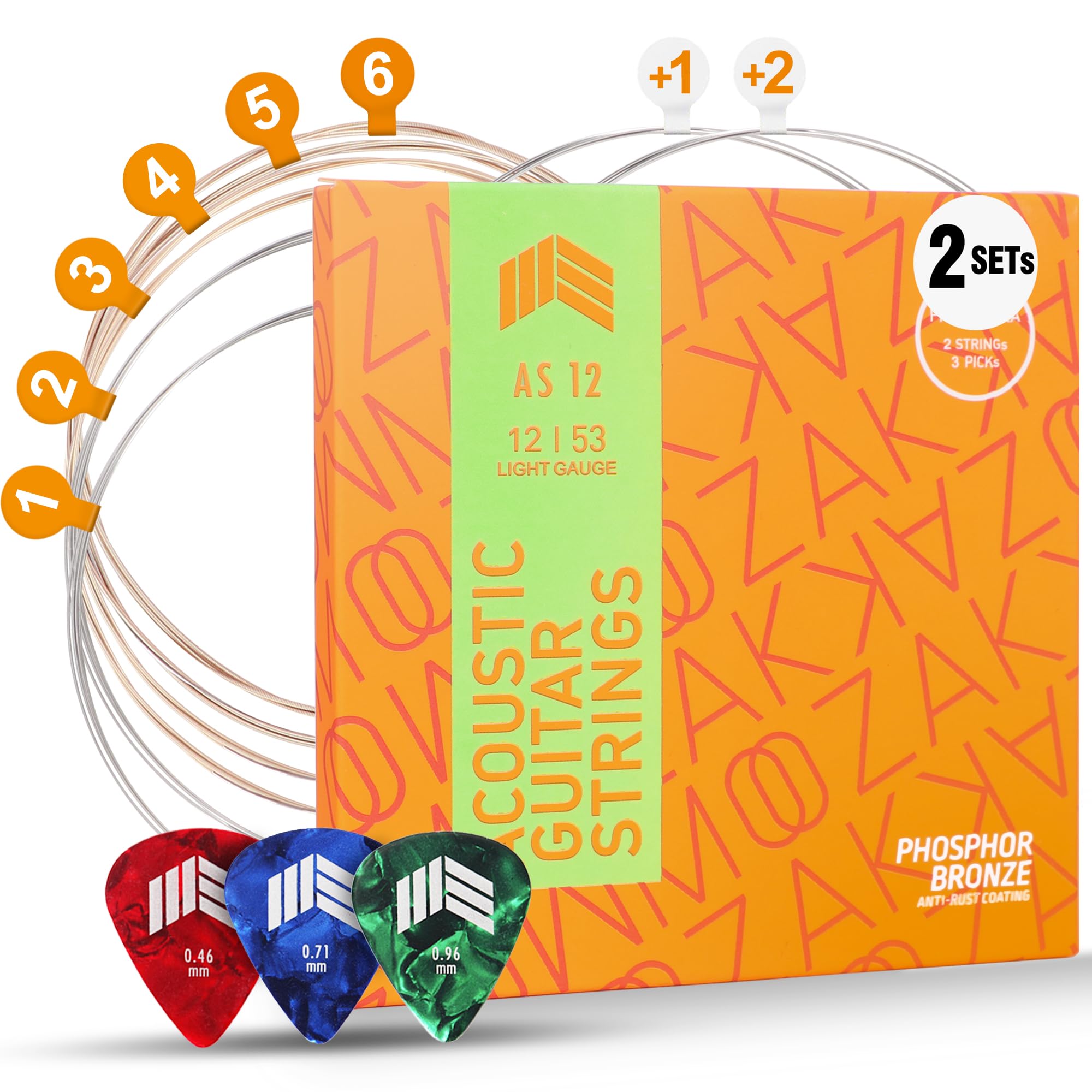 MOOZAK Acoustic Guitar Strings Phosphor Bronze, 2 Packs,Light Gauge 12-53, Warm & Rich Tone, Durable Steel Strings, Extra 1st & 2nd String, 3 Picks – Ideal for All Players & Gifts