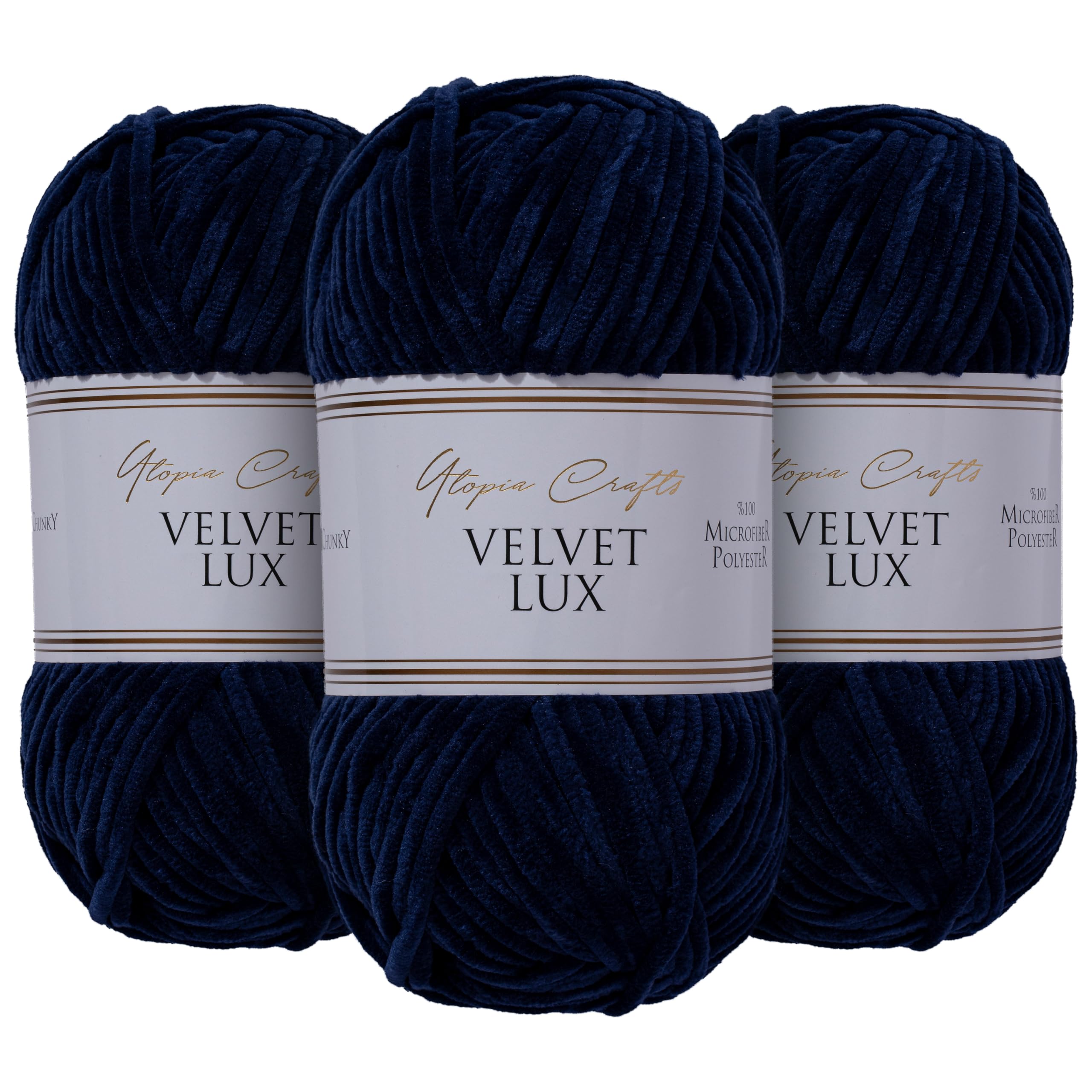 Utopia Crafts Velvet Lux Chenille Super Soft Chunky Yarn for Knitting and Crochet, 100g - 110m (Midnight Blue) (Pack of 3)